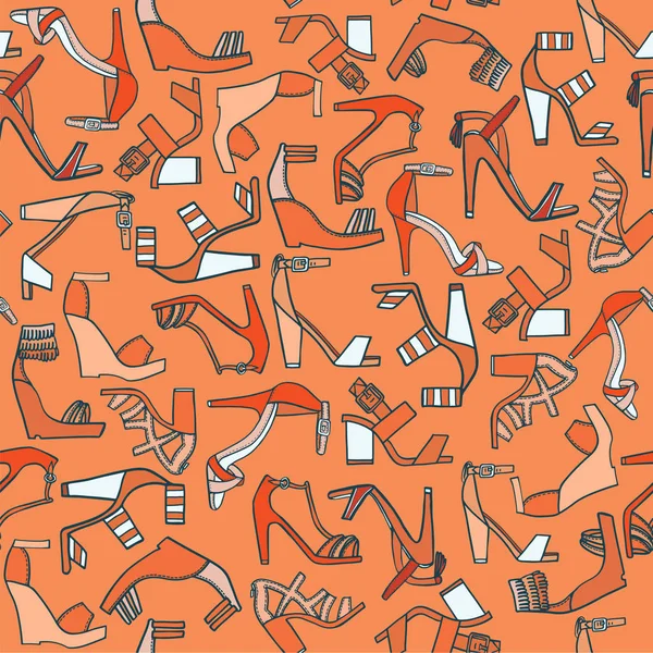 Motif de mode sans couture sur fond orange. Beaucoup de diverses sandales plates doodle sur des plates-formes et des talons hauts. Belles chaussures colorées, dessinées à la main, bonnes pour le papier d'emballage et d'autres conceptions — Image vectorielle