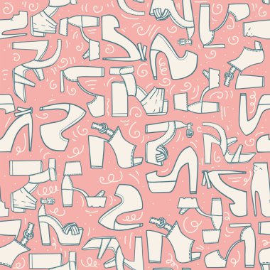 Açık pembe renkli desen kesintisiz moda. Çeşitli düz bir sürü yüksek platform topuklu ayakkabılarla doodle. Sandalet ve ayakkabı, güzel ayakkabılar, elle çizilmiş, kağıt ve tasarım kaydırma için iyi.
