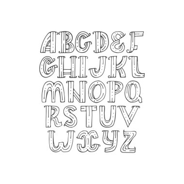 El çizilmiş doodle yaratıcı stile noktalar ve çizgiler ile dekore edilmiş, dekoratif alfabe. Vektör toplama, iyi yazı, tırnak ve tipografi için izole. Mektupları sıra A'dan Z'ye