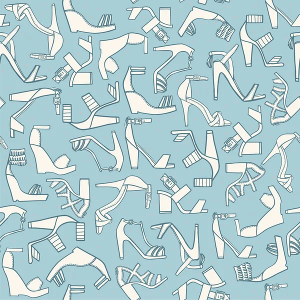 Seamless fashion pattern on light blue background. Lots of various flat doodle sandals on high cone or platform heels. Beautiful footwear, hand drawn, good for wrapping paper and other design. — Stock Vector