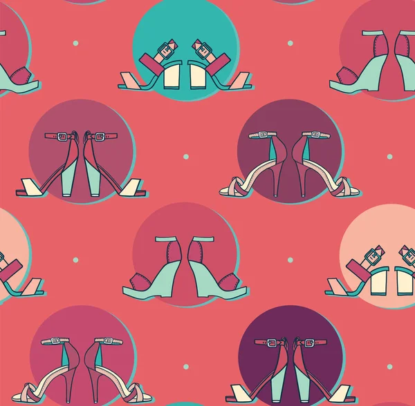 Illustration vectorielle lumineuse avec des paires de sandales en cercles colorés sur fond rose dans un motif sans couture. Texture dessinée à la main bonne pour la mode et la conception de chaussures, carrelable, créative . — Image vectorielle