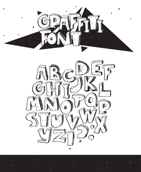 Vectorillustratie hand getrokken met zwart-wit onvolmaakte graffiti lettertype, geïsoleerd op wit. 3D letters opeenvolging van A tot Z met inkt hatch en stippen. — Stockvector