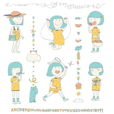 Şirin koleksiyonu ile çiçekler ve daha fazla kalan yaz etkinlikleri - atlama atlama ipi, yeme elma, sarı elbiseli mavi saçlı küçük kız doodle. Ek karalamalar ve alfabe