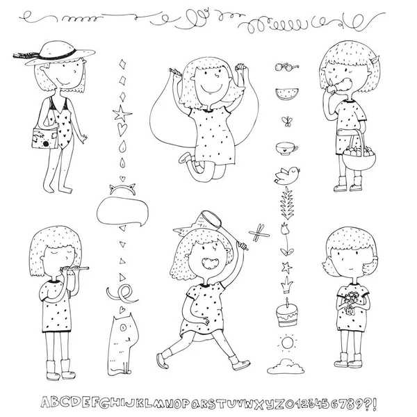 Cute collection with hand drawn doodle little girl with dotted dress in summer activities - jumping the skipping rope, eating apple, staying with flowers and more. Additional doodles and alphabet — Stock Vector