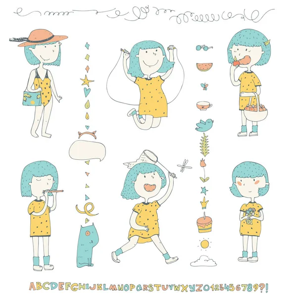 Mignonne collection avec une petite fille doodle aux cheveux bleus en robe jaune dans les activités estivales sauter la corde à sauter, manger des pommes, rester avec des fleurs et plus encore. Autres griffes et alphabet — Image vectorielle