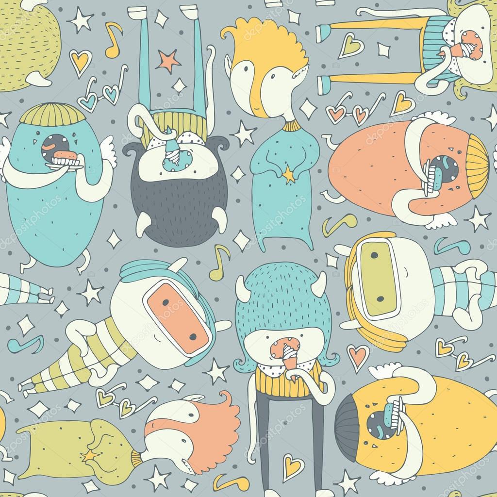 Cute seamless pattern with lovely doodle monsters eating, staying and looking at spectator. Colorful creatures on grey background. Lovely childish design, good for wrapping paper, wallpaper