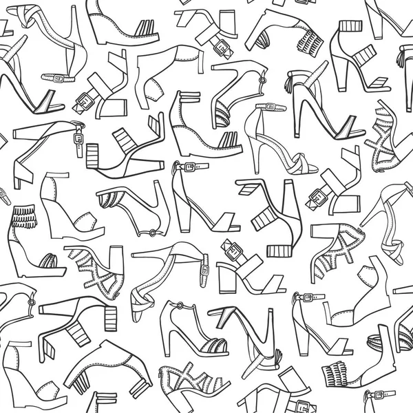 Zwart-wit hand getekend patroon van de vector met platte doodle schoenen met hoge hakken en platform. Verschillende sandalen in zwart-wit modevormgeving, hand getrokken met inkt. Monochrome achtergrond op wit. — Stockvector