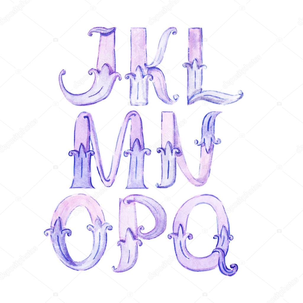 Watercolor alphabet. Large raster illustration with letters sequence from J to Q, hand drawn with brush and liquid ink in purple and blue colors. Isolated on white collection with decorative letters