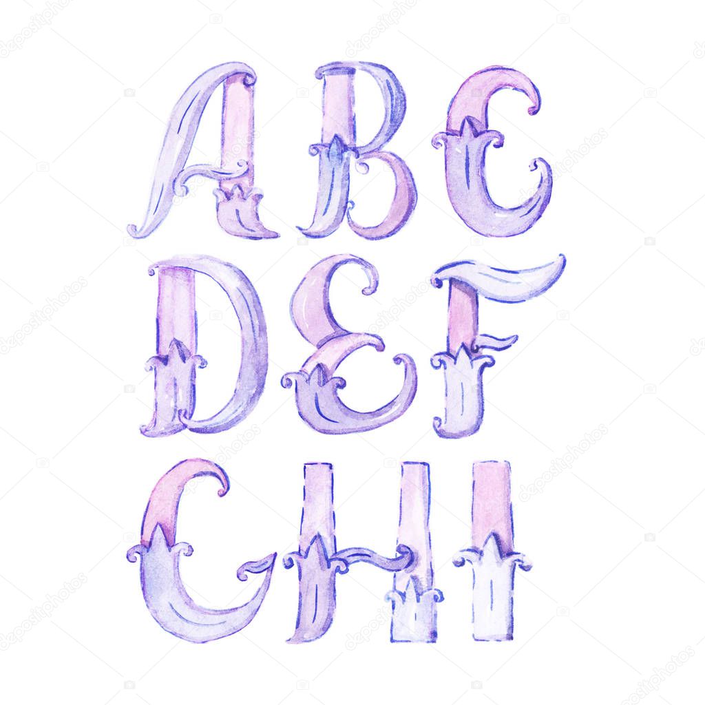 Watercolor alphabet. Large raster illustration with letters sequence from A to I, hand drawn with brush and liquid ink in purple and blue colors. Isolated on white collection with decorative letters