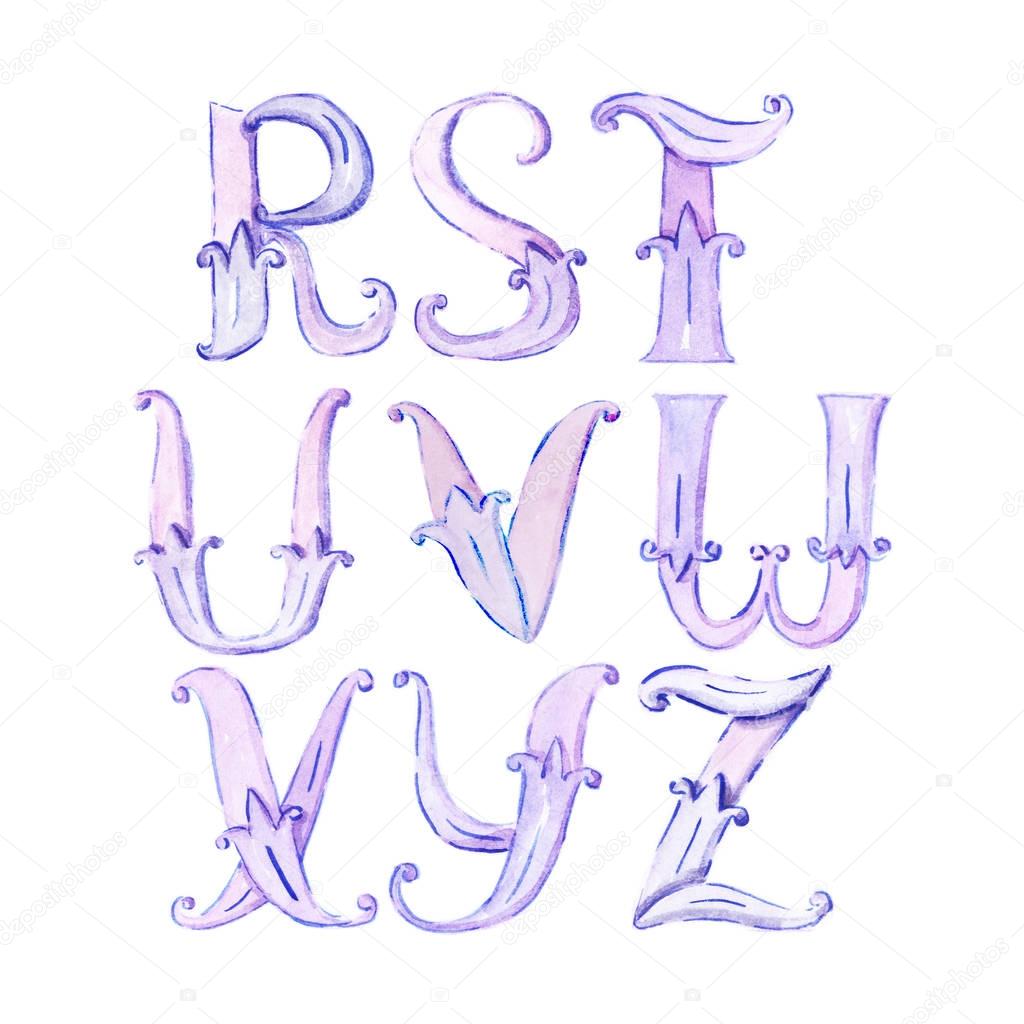 Watercolor alphabet. Large raster illustration with letters sequ