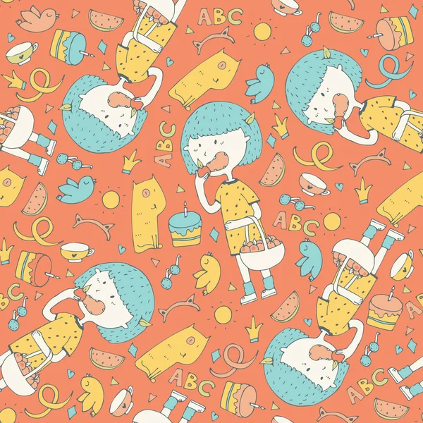 Kolor śliczny ilustracja z cute little dziewczyna jedzenia jabłko w jednolity wzór na pomarańczowym tle. Dziewczyna z niebieskie włosy i żółta sukienka, wzór zdobione ręcznie rysowane doodles. — Wektor stockowy