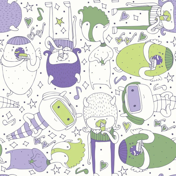 Cute seamless pattern with lovely doodle monsters eating, staying and looking at spectator. Purple and green creatures on light background. Lovely childish design, good for wrapping paper, wallpaper — Stock Vector
