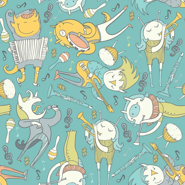 Cute seamless pattern with lovely musicians monsters, playing various instruments on blue background. Vector square illustration with lovely characters, singing and playing. Childish texture design. — Stock Vector