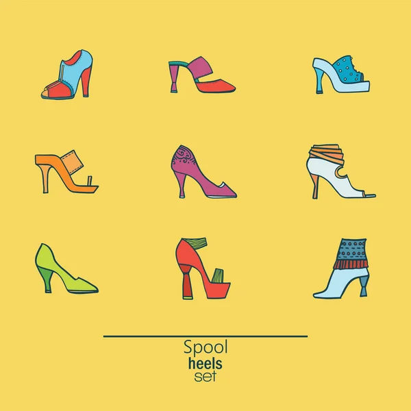 Bel ensemble de diverses chaussures et sandales, isolées sur fond jaune. Ensemble vectoriel avec 9 chaussures différentes pour femmes d'été et de printemps avec talons de bobine. Illustration vectorielle dessinée main — Image vectorielle