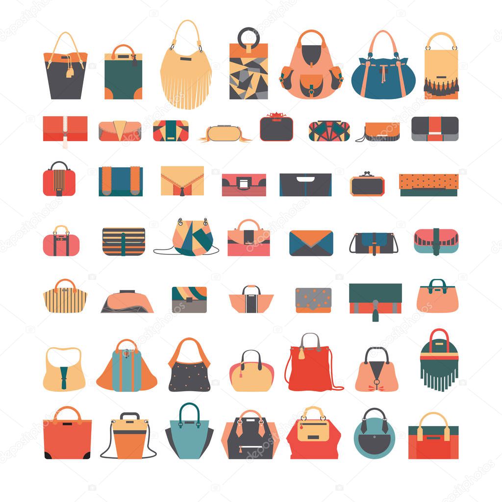 Vector fashion illustration set with various bags in bright colors, isolated on white background. Many types of hand bag for woman and girl. Beautiful design collection for print or web, sales and ad
