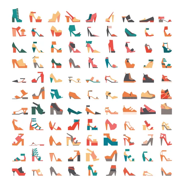 Large vector bundle with stylish contemporary flat shoes icons, drawn in geometric style and isolated on white background. Large collection with 99 different colorful shoes, sandals and other footwear — Stock Vector