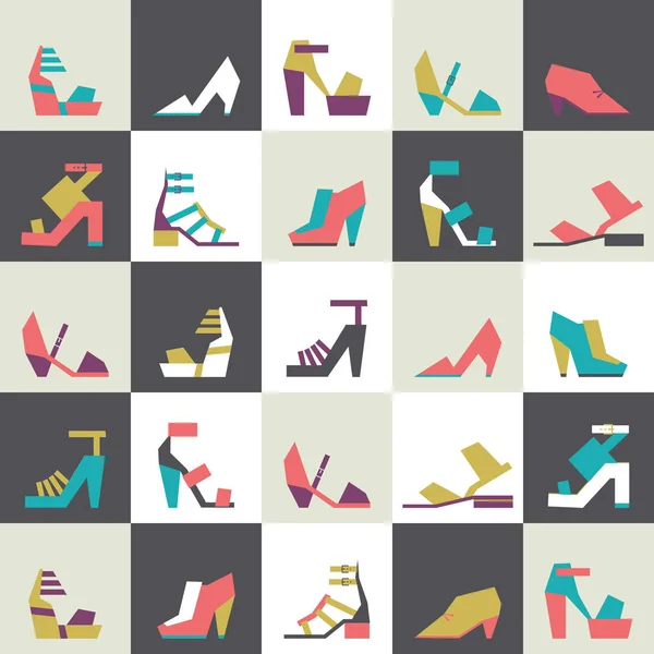 Ilustración vectorial sin costuras con hermosos tacones y zapatos de patrón con formas geométricas. Colores brillantes sobre fondo beige con cuadrados. Zapatos rosa, púrpura, azul y verde en estilo geométrico — Vector de stock