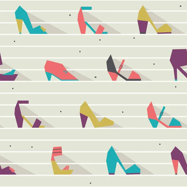 Seamless vector illustration with beautiful heels and shoes pattern with geometric shapes. Bright colors on beige background with white stripes. Pink, purple, blue and green shoes in geometric style — Stock Vector