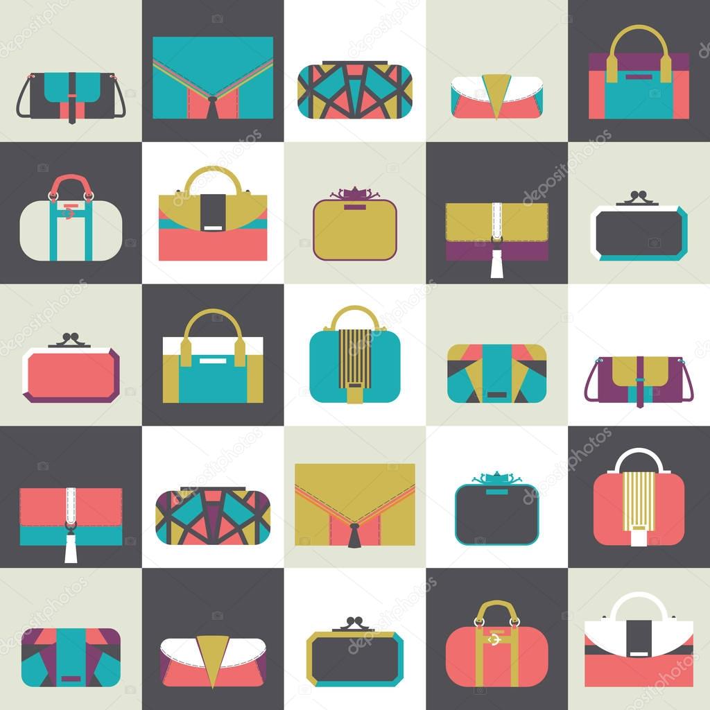 Seamless pattern with fashion bags and clutches in various shapes and sizes. Geometric vector illustration, based on dark and white squares and women bags. Bright stylish design for fashion purposes