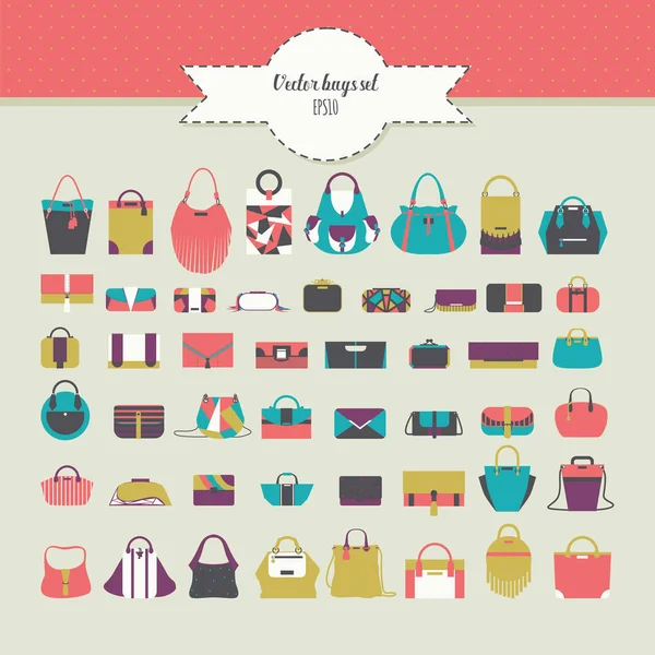 Большая красивая сумка с плоскими женскими сумками разного дизайна - сумочка, кошелек, рюкзак и многое другое. Векторная модная иллюстрация в ярких цветах. Различные аксессуары для девочек и женщин — стоковый вектор