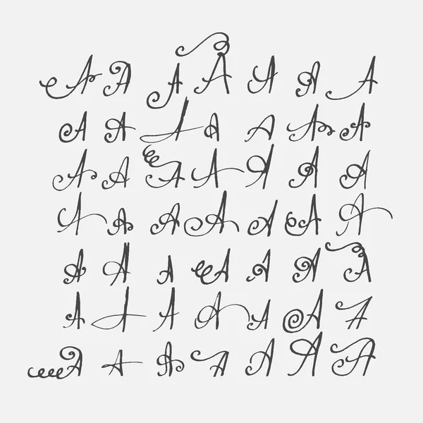 Printvector Satz von kalligraphischen Buchstaben eine Hand mit Feder gezeichnet, mit blühenden und dekorativen Elementen verziert. isoliert auf grauschwarzer unvollkommener Buchstabenfolge. — Stockvektor