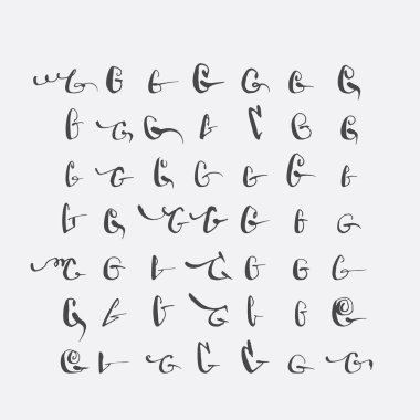 Vektör set kaligrafi mektup G, sivri ucu ile el yazısı süsleri ve dekoratif öğeler ile süslenmiş. Gri siyah kusurlu harf dizisi üzerinde izole. Çeşitli şekiller collection.