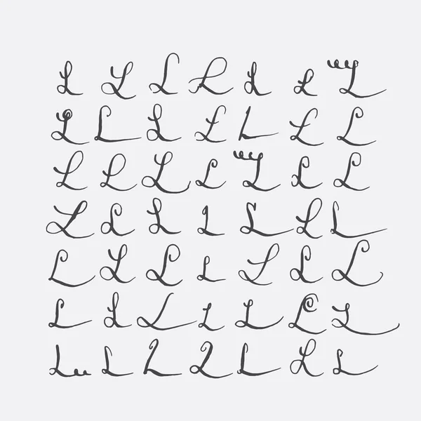 Векторный набор каллиграфических букв L, написанных от руки острым перстом, украшенных цветущими и декоративными элементами. Изолирован по серой черной несовершенной последовательности букв. Коллекция различных форм . — стоковый вектор