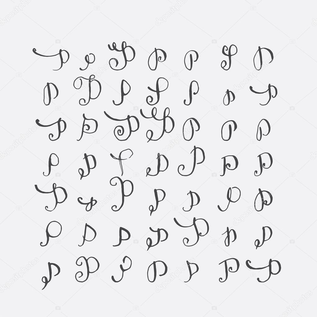 Vector set of calligraphic letters P, handwritten with pointed nib, decorated with flourishes and decorative elements. Isolated on grey black imperfect letters sequence. Various shapes collection.