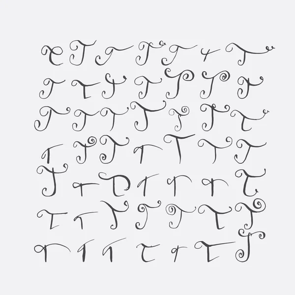 Vector set of calligraphic letters T, handwritten with pointed nib, decorated with flourishes and decorative elements. Isolated on grey black imperfect letters sequence. Various shapes collection. — Stock Vector