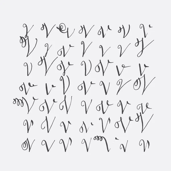 Векторный набор каллиграфических букв V, написанных от руки острым перстом, украшенных цветущими и декоративными элементами. Изолирован по серой черной несовершенной последовательности букв. Коллекция различных форм . — стоковый вектор