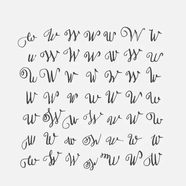 Векторный набор каллиграфических букв W, написанных от руки острым перстом, украшенных цветущими и декоративными элементами. Изолирован по серой черной несовершенной последовательности букв. Коллекция различных форм . — стоковый вектор