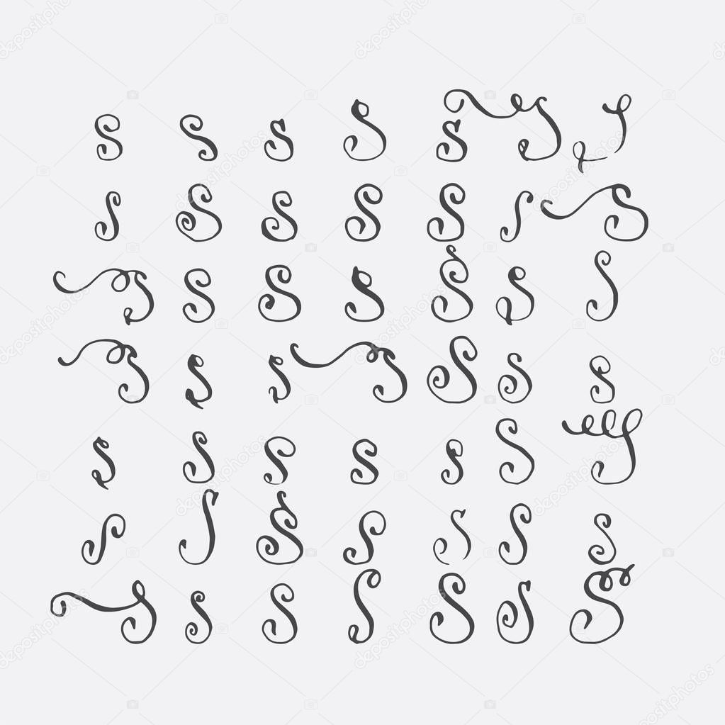 Vector set of calligraphic letters S, handwritten with pointed nib, decorated with flourishes and decorative elements. Isolated on grey black imperfect letters sequence. Various shapes collection.