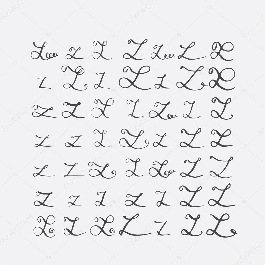 Vector set of calligraphic letters Z, handwritten with pointed nib, decorated with flourishes and decorative elements. Isolated on grey black imperfect letters sequence. Various shapes collection.