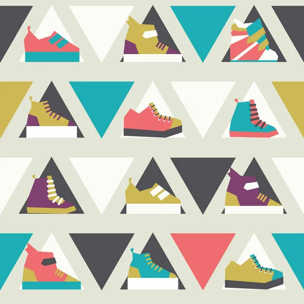 Ilustración vectorial sin costuras con triángulos y zapatillas deportivas en patrón sin costuras en colores brillantes. Lowpoly diseño para fines de moda. Calzado de mujer en rosa, azul y púrpura — Archivo Imágenes Vectoriales