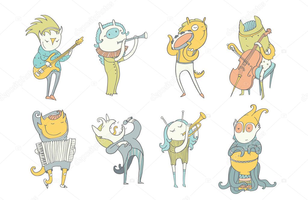 Vector colorful collection with lovely monsters, playing musical instruments, singing. Creatures play accordion, trumpet, drum, guitar, flute, cello, tambourine. Hand drawn characters in pastel colors