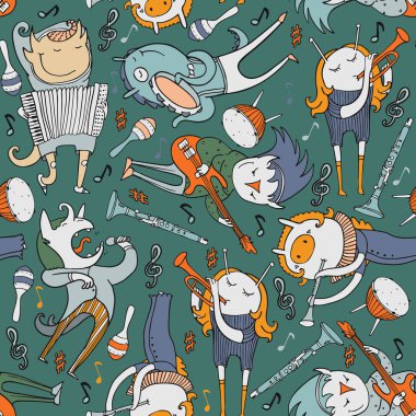 Şirin seamless modeli ile farklı müzik aletleri ve şarkı ile sevimli canavarlar. Koyu yeşil arka plan üzerinde renkli vektör çizim. Davul, gitar, trompet, flüt, çello ile güzel karakterler.