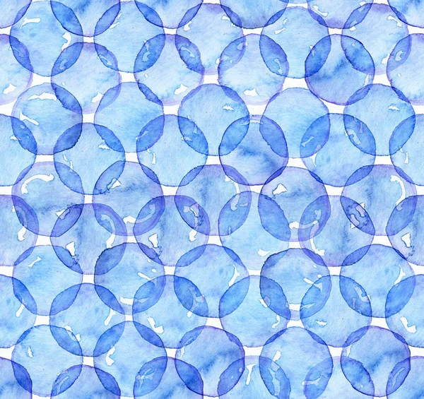 Seamless watercolor texture, based on blue hand drawn imperfect circles in a geometric repeating design. Square pattern, good for fabric, wrapping paper design. Blue circles overlapped. — Stock Photo, Image