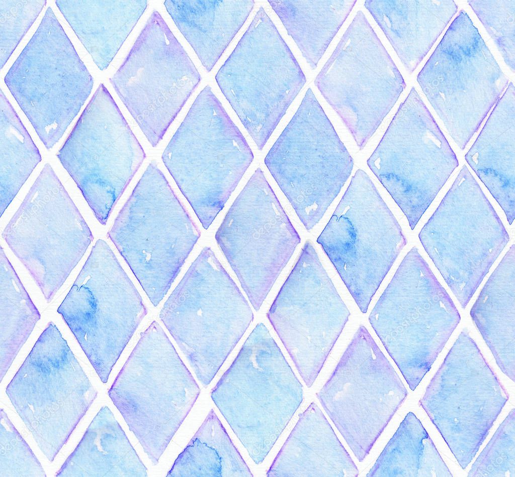 Large seamless raster texture with blue rhombus in solid design on white watercolor paper. Creative grainy illustration hand drawn with brush. Creative pattern in simple all-over style