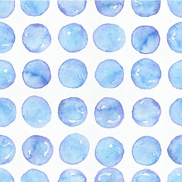 Large seamless raster texture with blue circles in rows in solid design on white watercolor paper. Creative grainy illustration hand drawn with brush. Creative pattern in simple symmetrical style — Stock Photo, Image