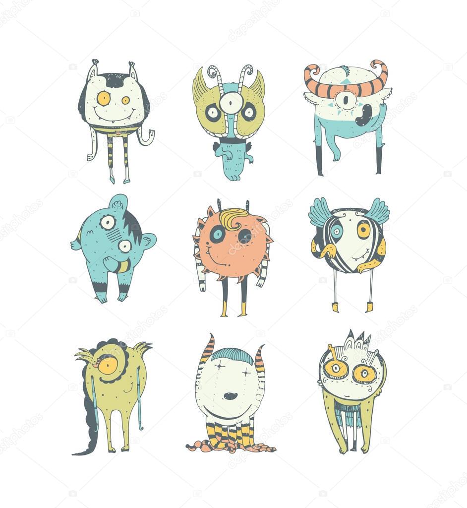 Set of cute colorful monsters, hand drawn in doodle style, isolated on white background. Lovely characters collection. Vector illustration, good for kids illustration and childish design.