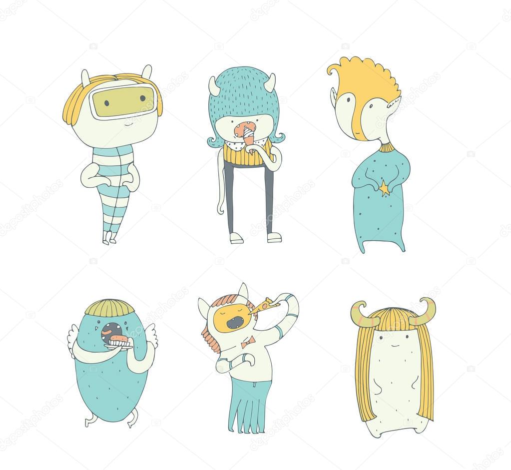 Set of cute colorful monsters, hand drawn in doodle style, isolated on white background. Lovely characters collection eating ice-cream, pizza, brownie. Vector illustration, good for kids illustration