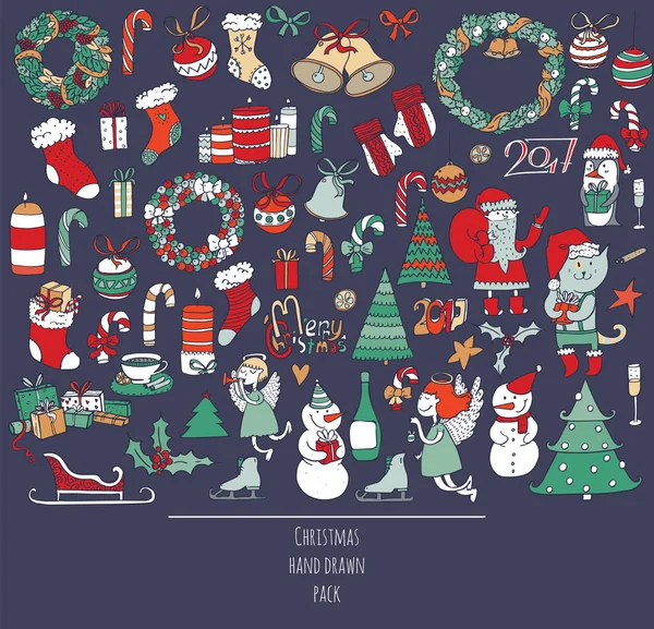 Set navideño de garabatos dibujados a mano en estilo sencillo. Ilustración colorida del vector con los accesorios de Navidad como árbol de Navidad, ángeles, bastones de caramelo, corona, santa y más en fondo azul oscuro — Archivo Imágenes Vectoriales