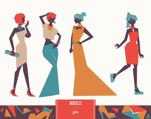 Set vectorial con creativas chicas de moda baja en polietileno en vestidos de noche en estilo gráfico geométrico, aisladas sobre fondo. Ilustración elegante con vestidos largos y de cóctel. Mujeres en varias poses — Archivo Imágenes Vectoriales