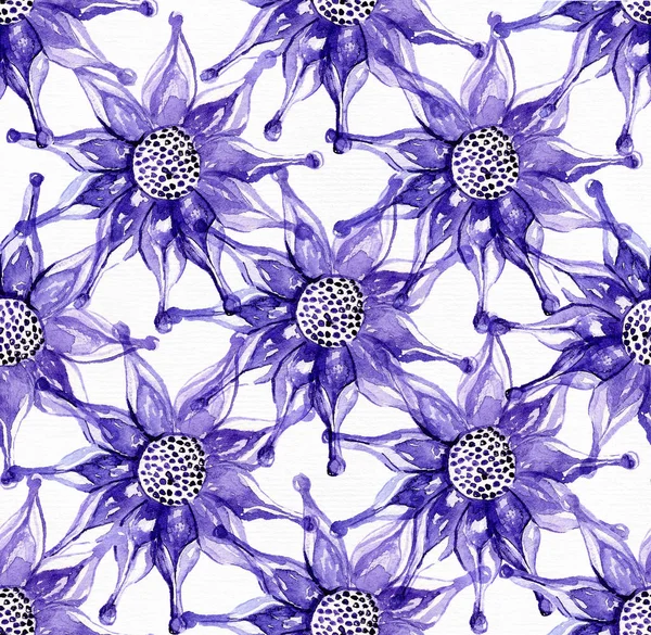 Patrón de trama grande sin costuras con flor exótica en colores azul y púrpura. Ilustración de acuarela dibujada a mano, dibujada con pincel y tinta sobre papel texturizado de acuarela blanca . — Foto de Stock
