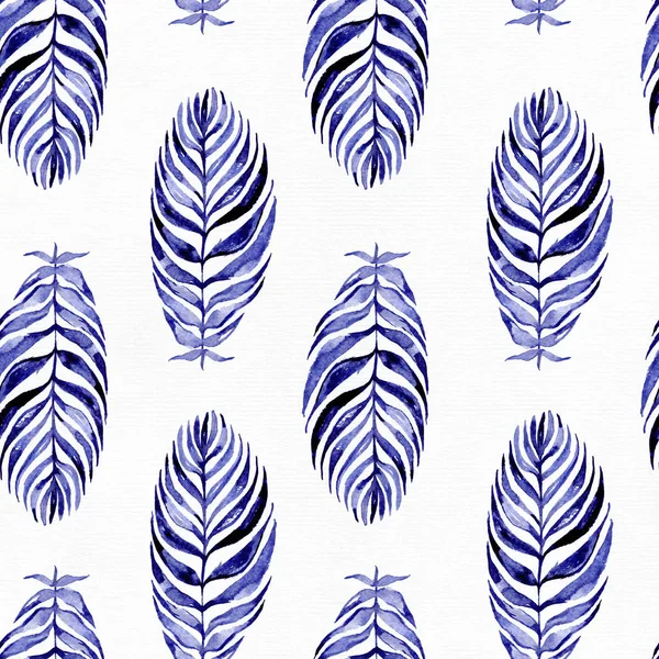 Hand drawn seamless pattern with blue palm leaves, drawn with purple and blue watercolor and brush. Leaves in different sizes and shapes. Large raster illustration, good for textile, print design