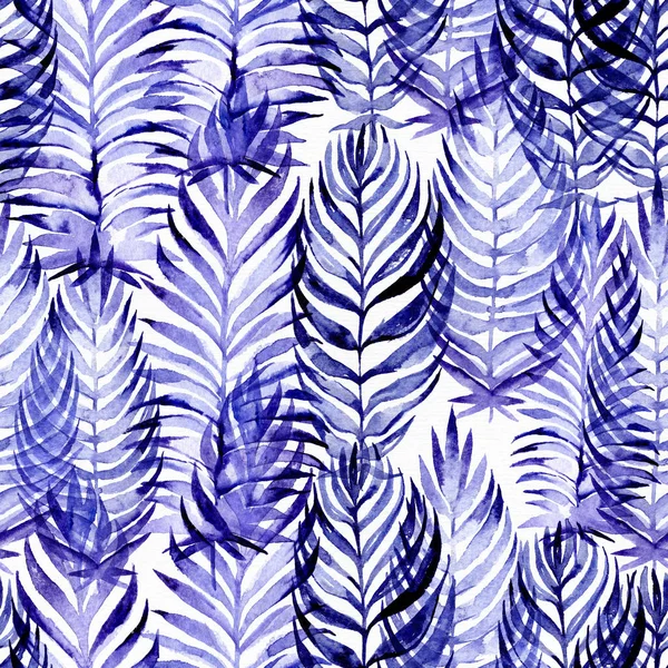 Hand drawn seamless pattern with blue palm leaves, drawn with purple and blue watercolor and brush. Leaves in different sizes and shapes. Large raster illustration, good for textile, print design