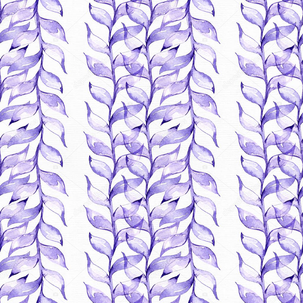 Seamless raster large illustration with blue and purple plants, based on rubber plant and liana shape, overlapping in rows. Floral pattern on white watercolor paper, hand drawn with ink and brush.