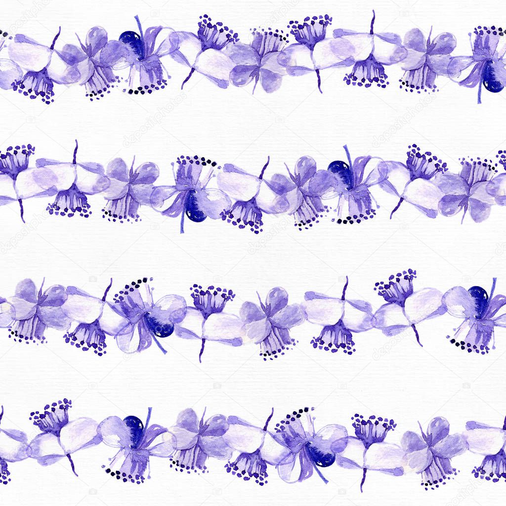 Vivid raster illustration with tea tree flowers, hand drawn in seamless pattern. Design based on horizontal lines on white watercolor paper. Blue watercolor illustration drawn with ink and brush