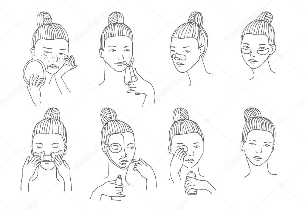 Vector set with women head in different conditions, mood and angle. Cosmetology procedures like treatment and facial masks for lips, eyes and skin. Girl takes care of her skin and face herself.