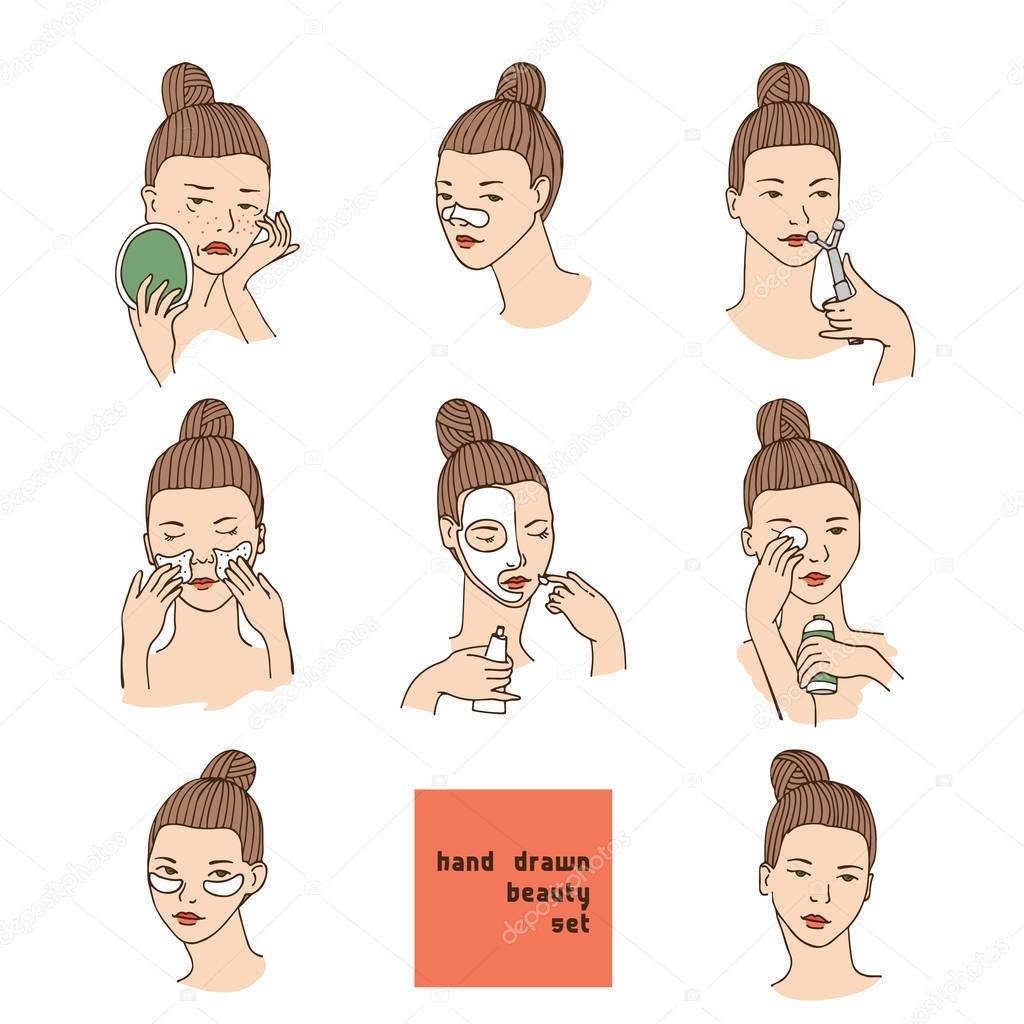 Color vector set with women head in different conditions, mood and angle. Cosmetology procedures like treatment and facial masks for lips, eyes and skin. Girl takes care of her skin and face